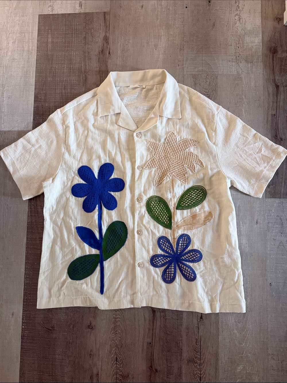 ZARA Linen Button-Down Shirt with Blue & Green Floral Appliqués